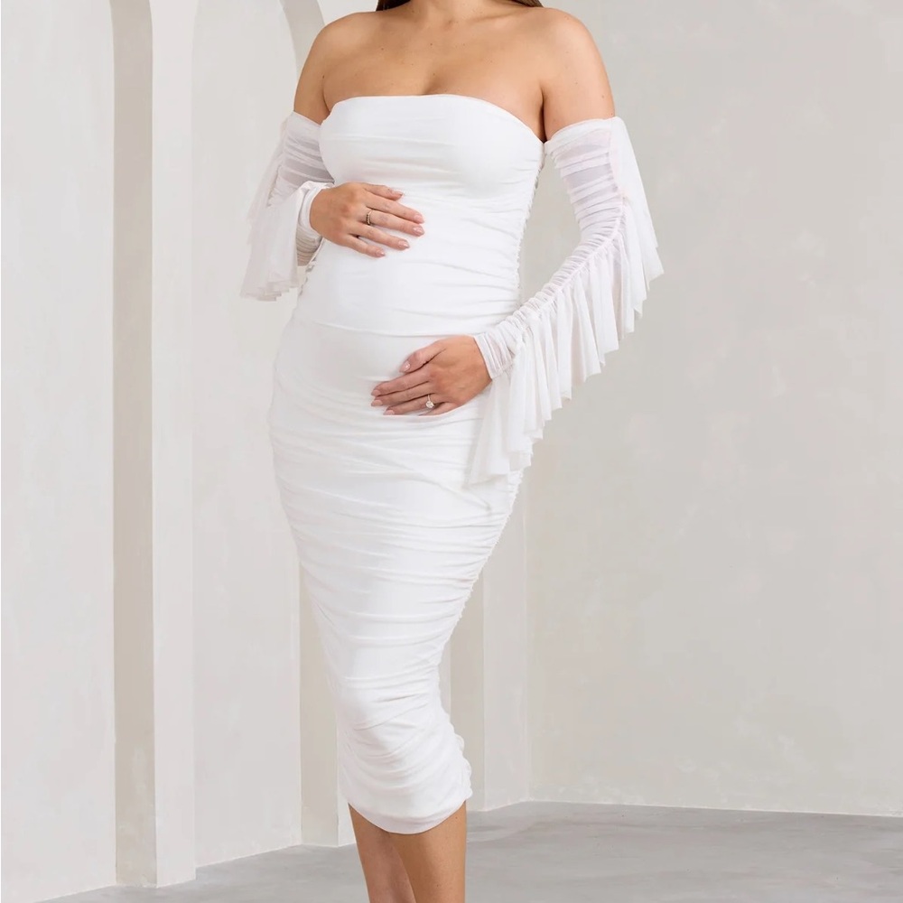 Club L London White Ruched Bodycon Midi Dress
